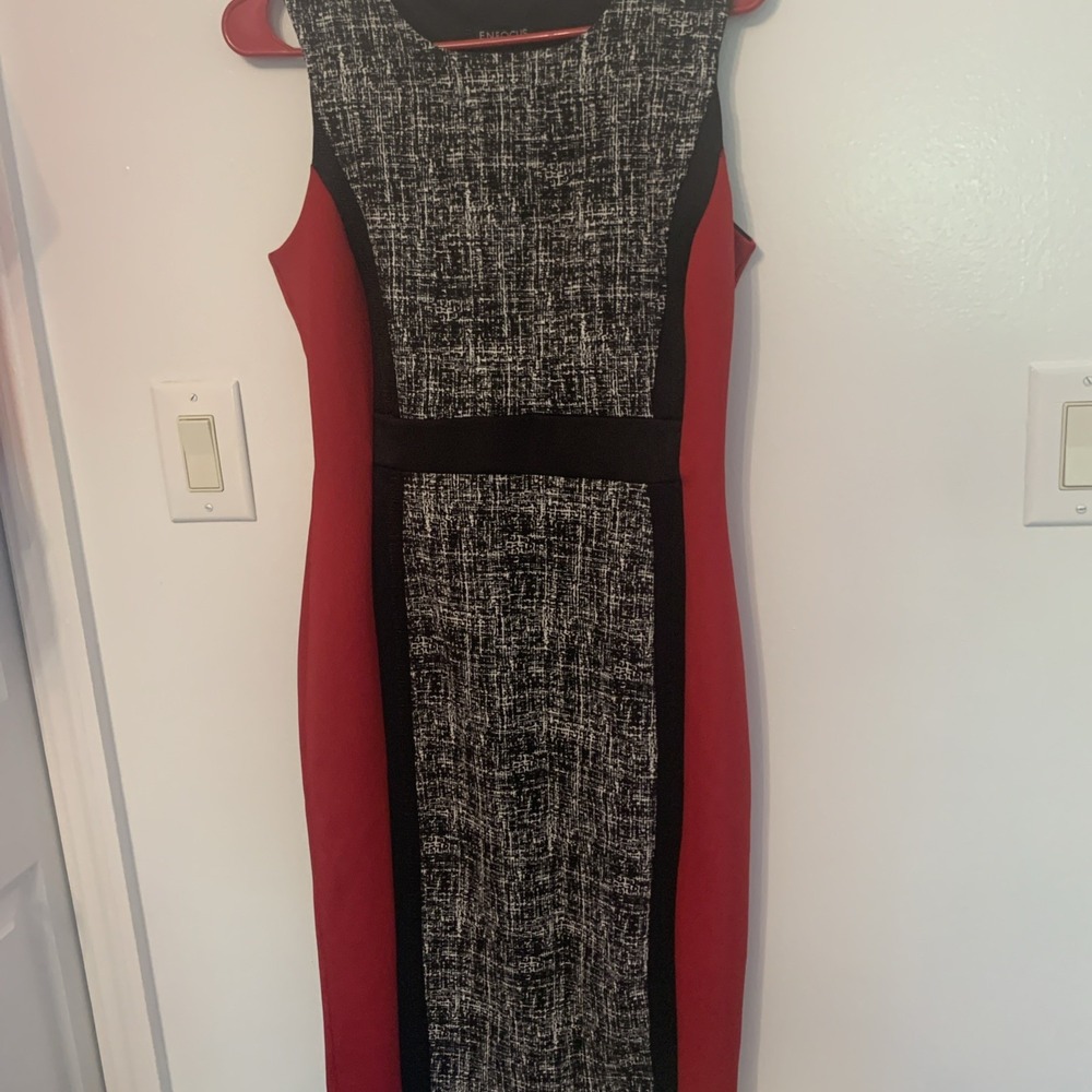 Enfocus Studio Red Black White Colorblock Tweed Sheath Dress Size 8